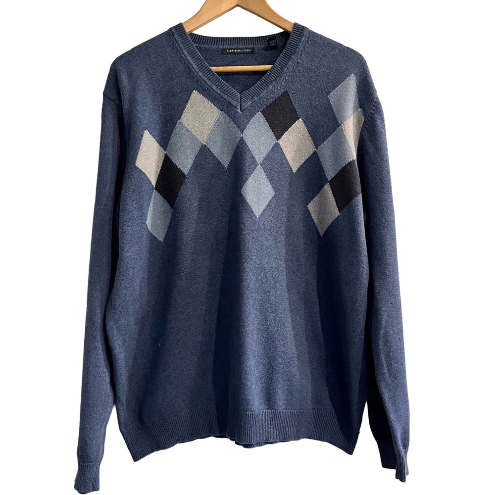 Van Heusen Men’s Argyle V Neck Navy Cotton Sweater XL